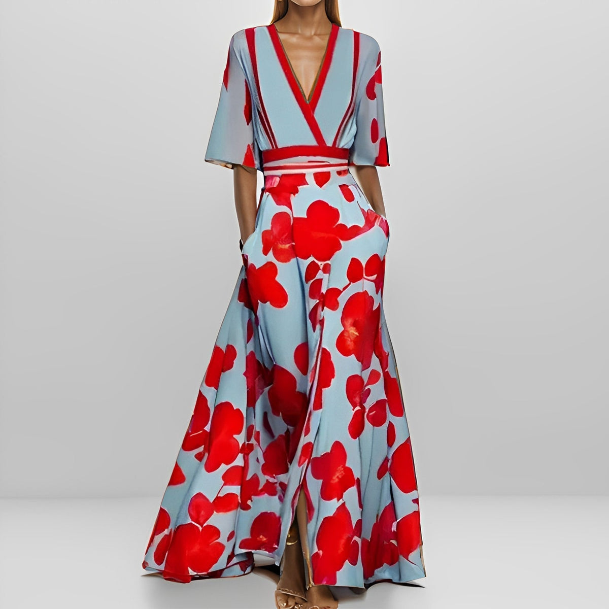 Delores - Langes Kleid mit floraler Gestaltung und langen Ärmeln