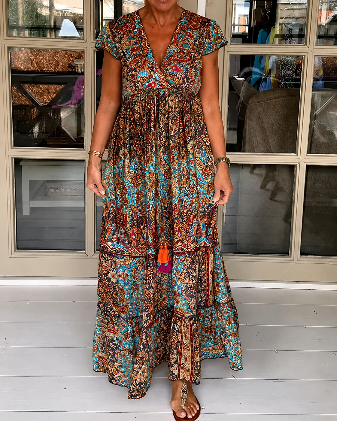 Calneshia - Elegantes V-Ausschnitt Maxi Kleid