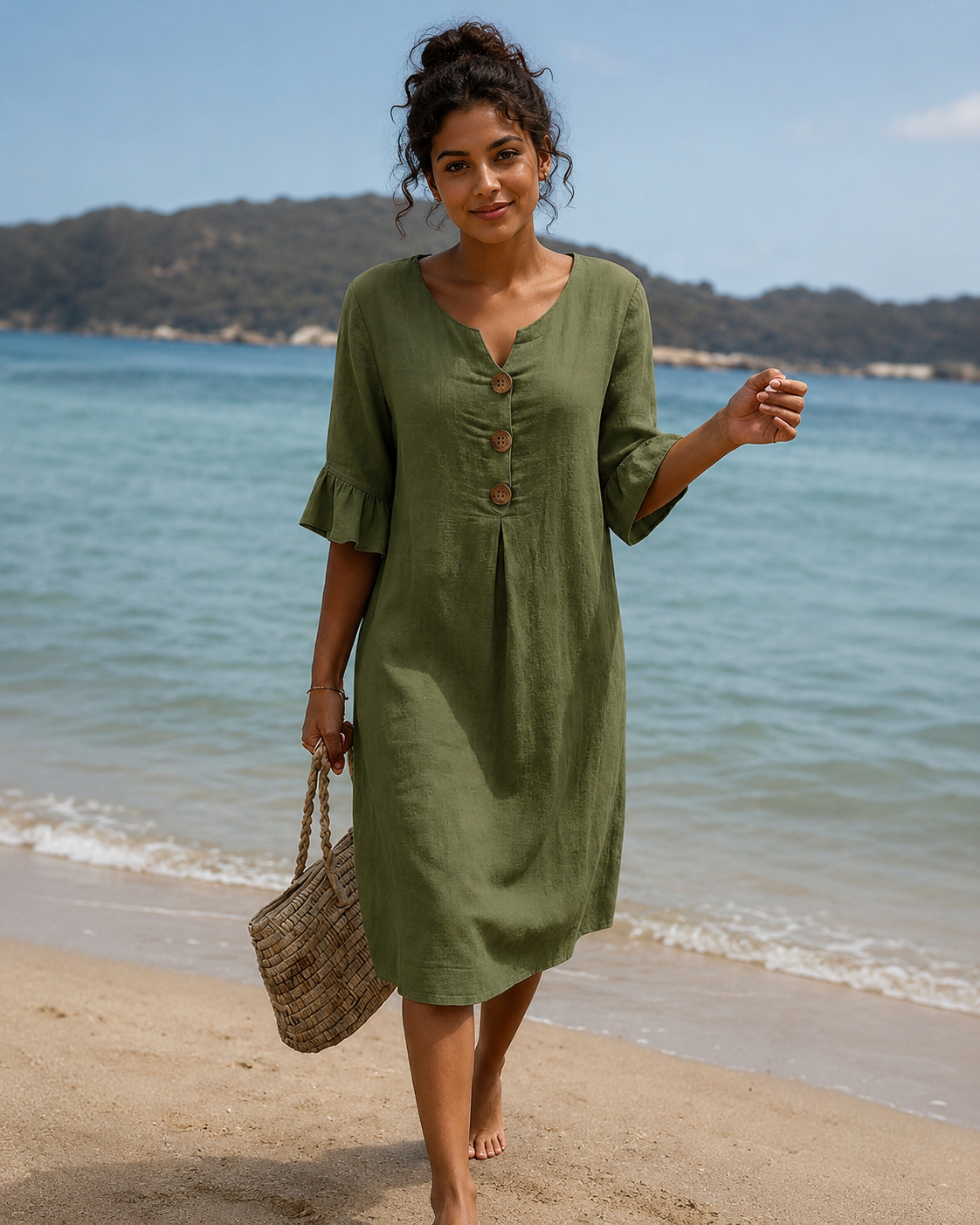 Éliane - Schickes Kleid mit Knopf und V-Ausschnitt