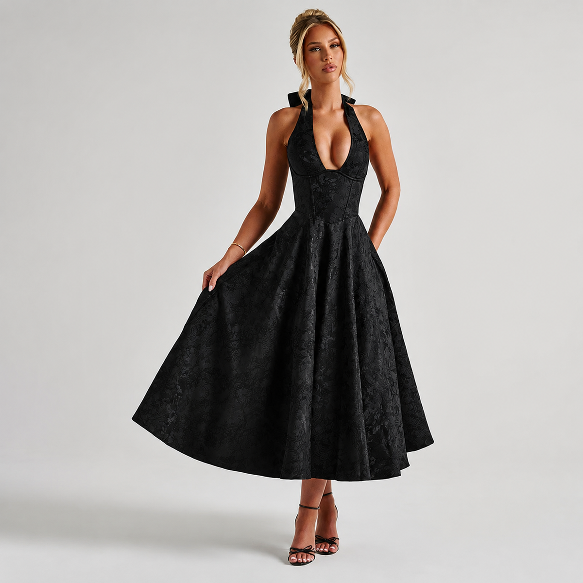 Dahlia - Elegantes ärmelloses Kleid mit V-Ausschnitt und Nackenband