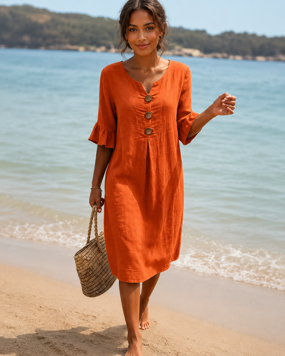 Éliane - Schickes Kleid mit Knopf und V-Ausschnitt