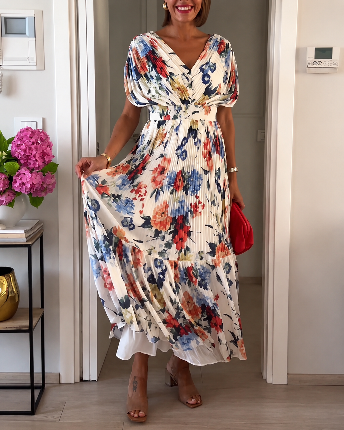 Sharon - Elegantes Kleid mit Falten und Blumendruck