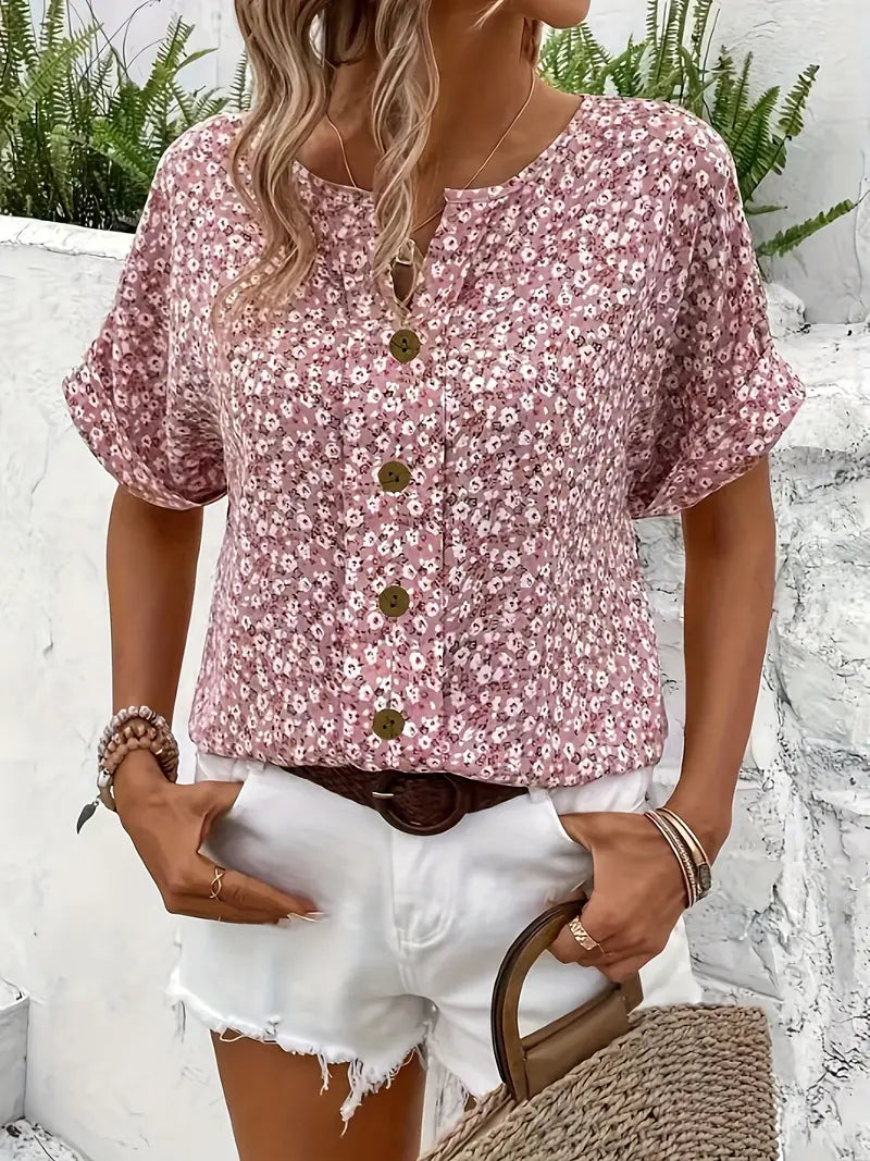Damen Bluse – Lockere Kurzarm-Blumenbluse für Freizeit & Sommer