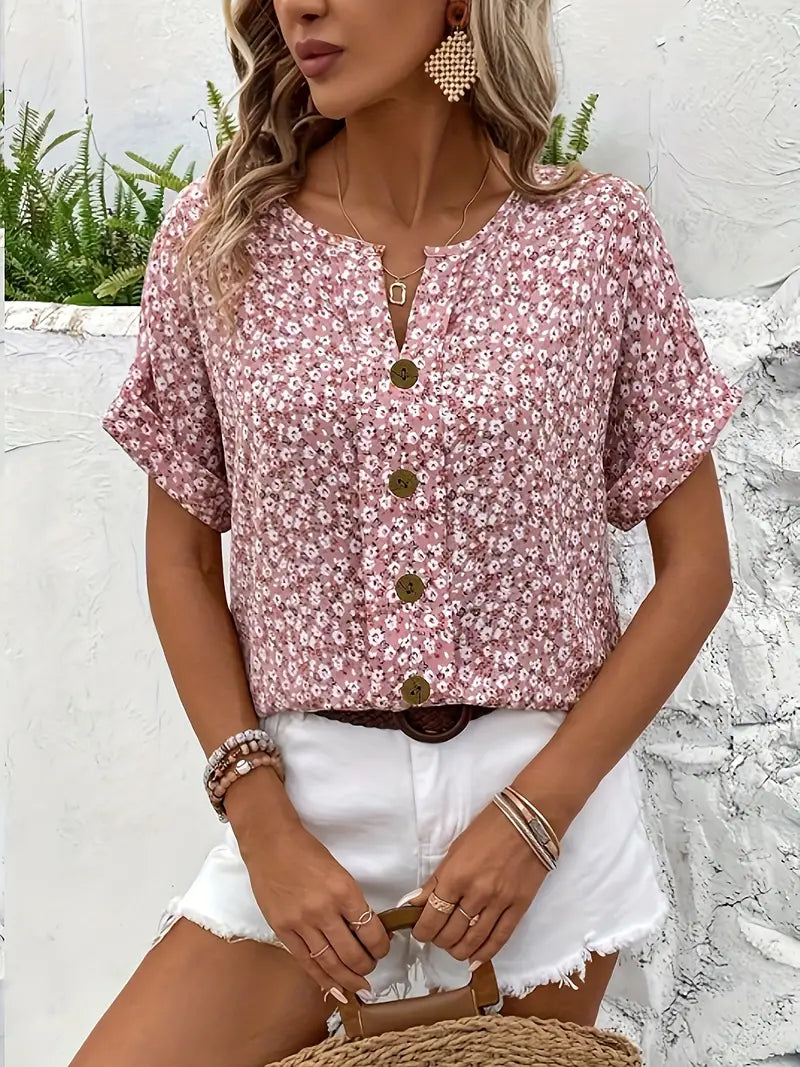 Damen Bluse – Lockere Kurzarm-Blumenbluse für Freizeit & Sommer