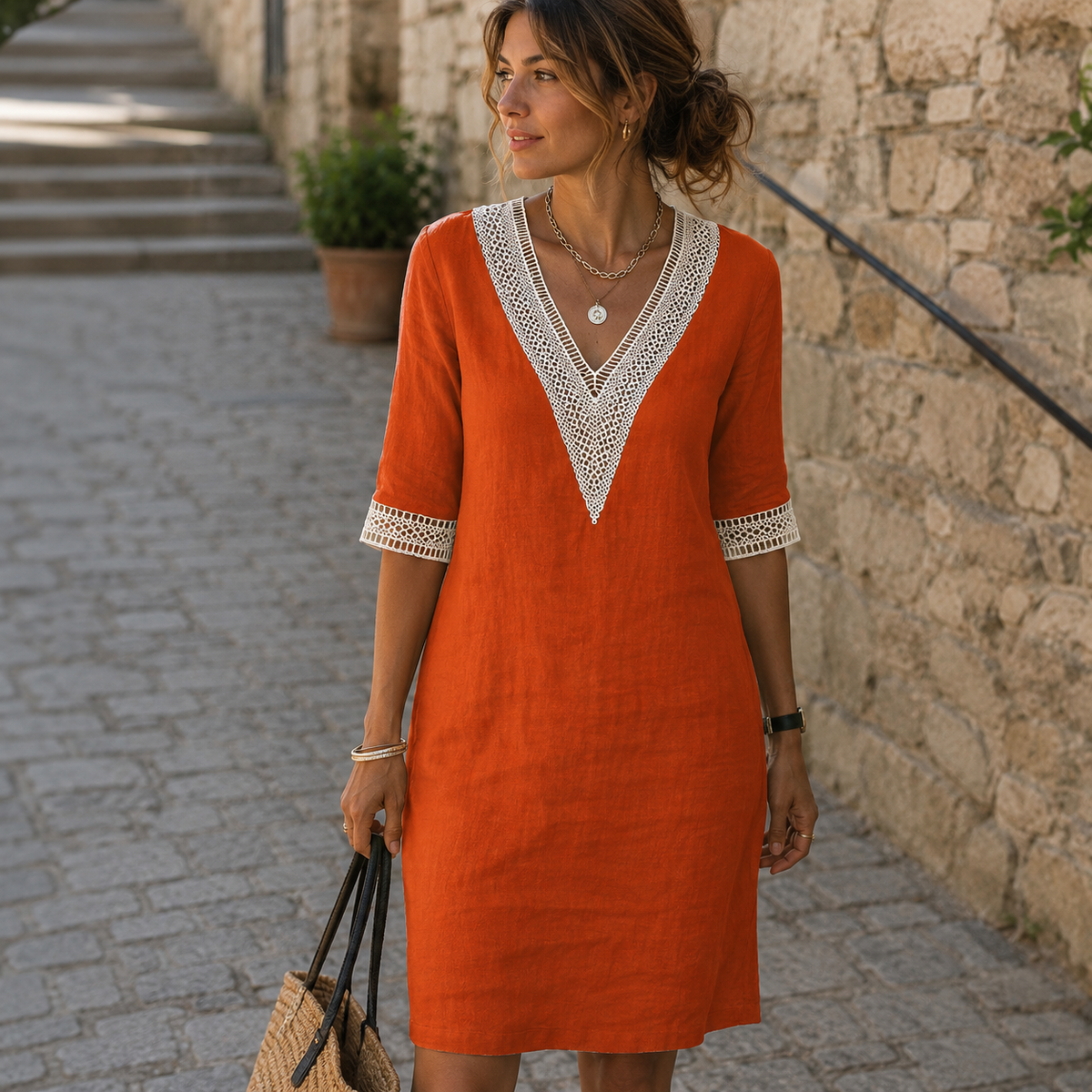 Arianne - Elegantes Damenkleid mit V-Ausschnitt und Häkel-Look