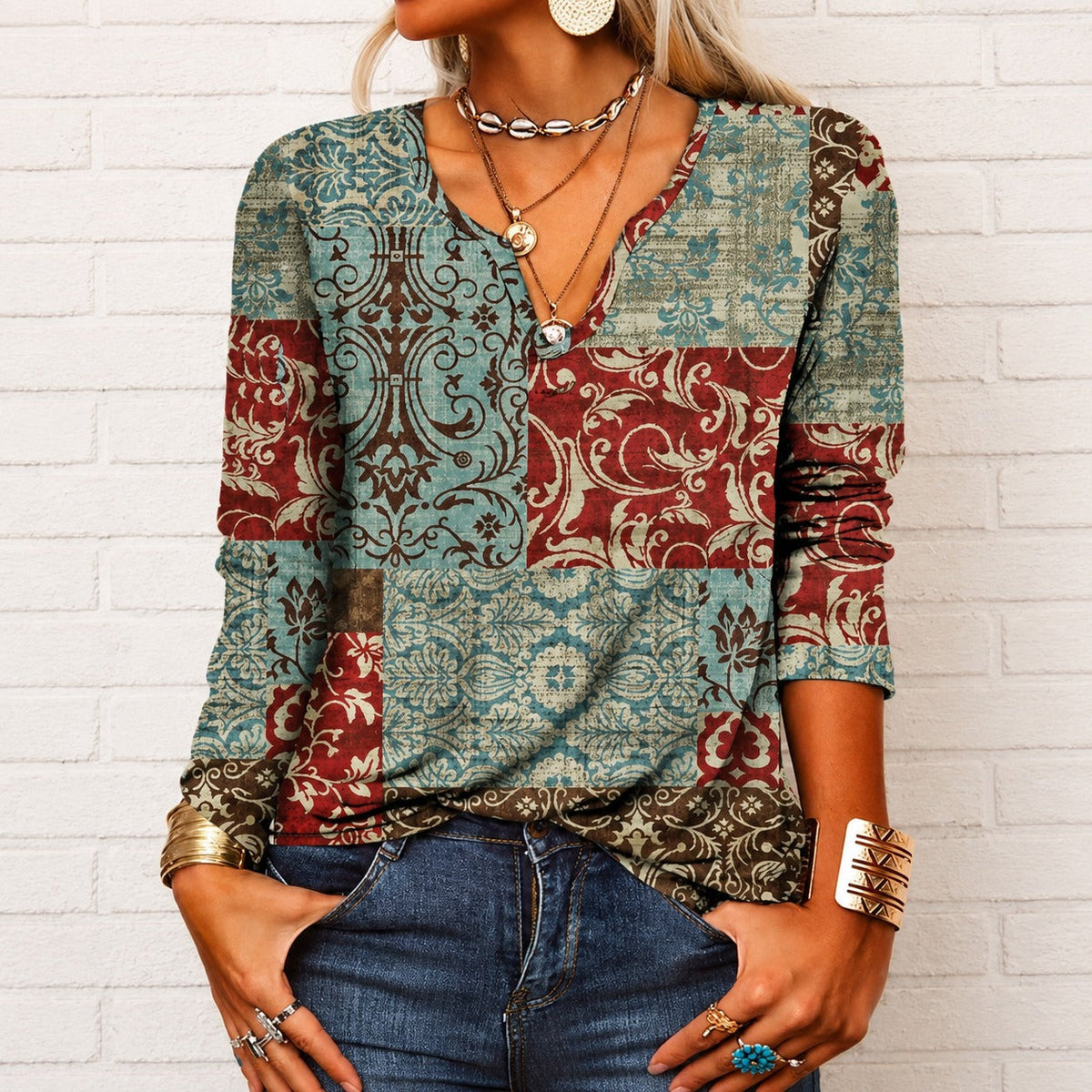 Katharina - Boho-Top mit langen Ärmeln und V-Ausschnitt