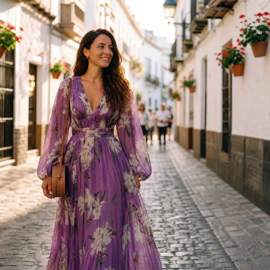Leanne - Langes Kleid mit floralen Mustern und sanftem Schwung