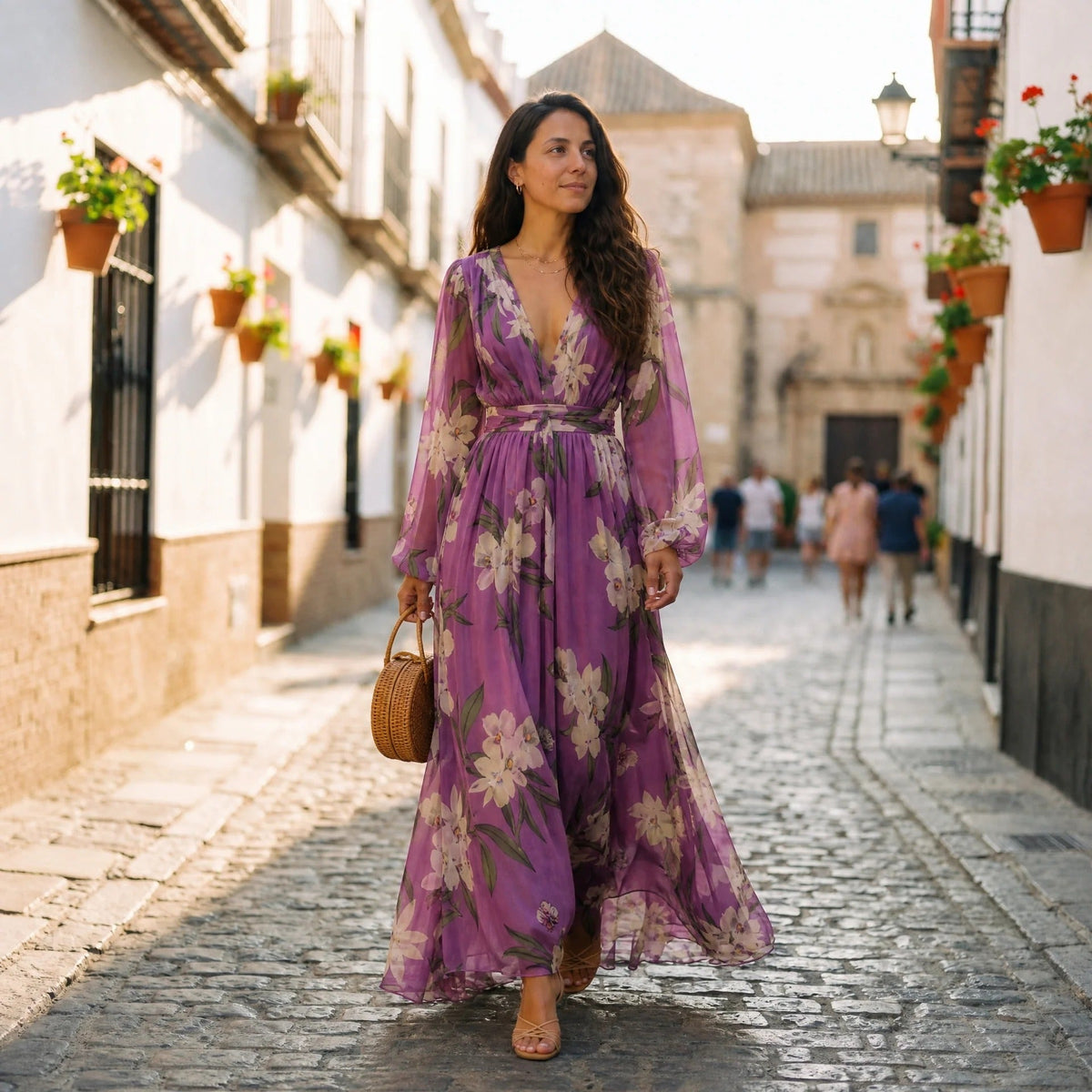 Leanne - Langes Kleid mit floralen Mustern und sanftem Schwung