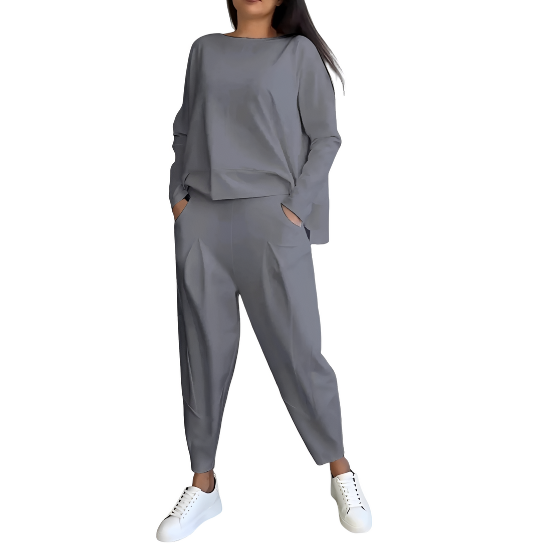 Damen Freizeitset aus langärmligem Oberteil und enganliegendem Hose mit elastischer Taille