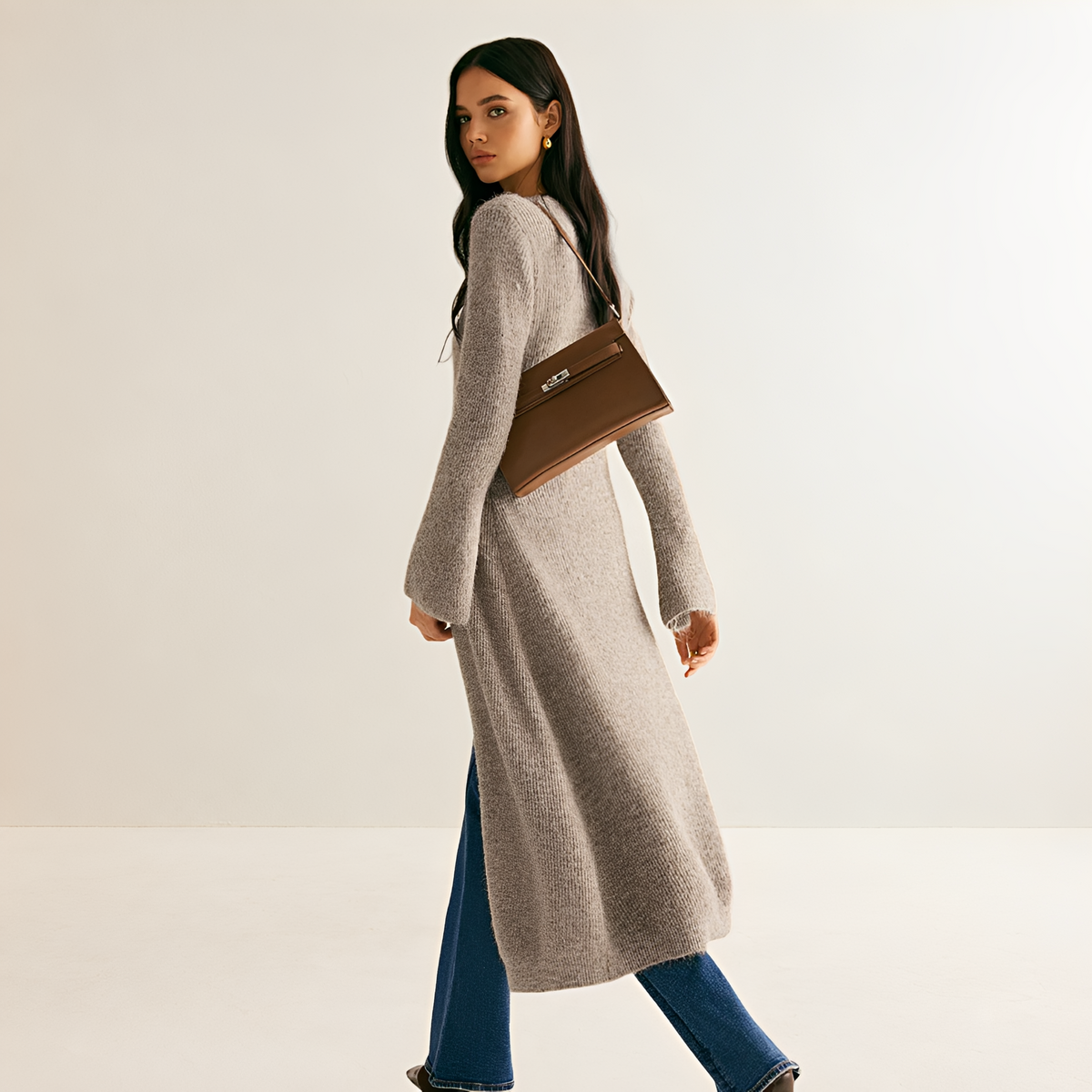 Damen Kleid V-Ausschnitt Knopfleiste Midi-Länge Lockere Passform