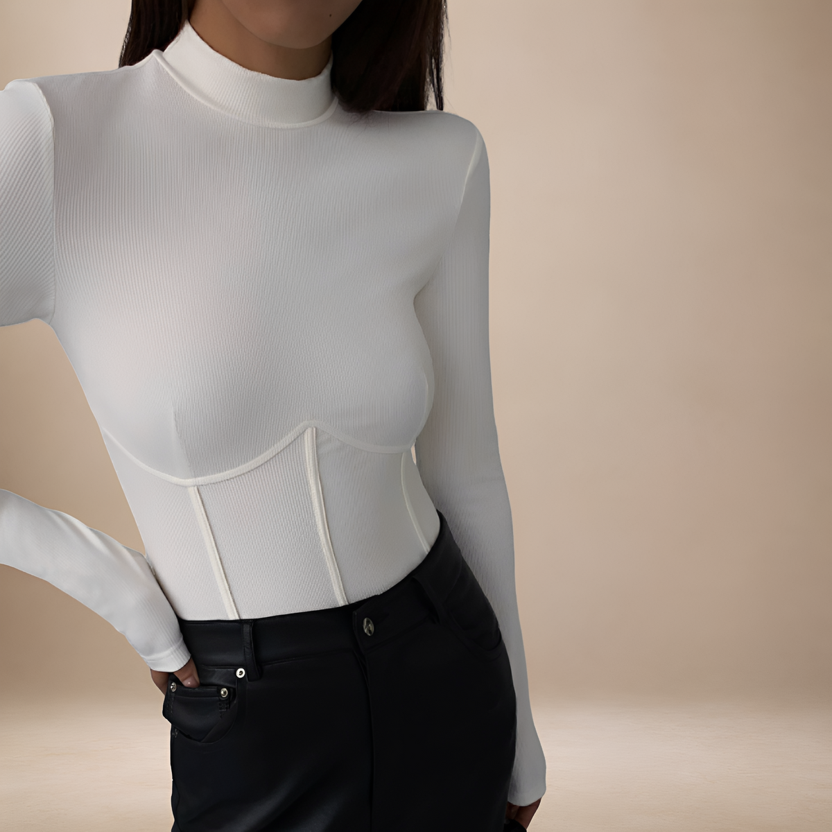 Damen Langarmshirt mit Rollkragen, Korsett-Details, Slim Fit