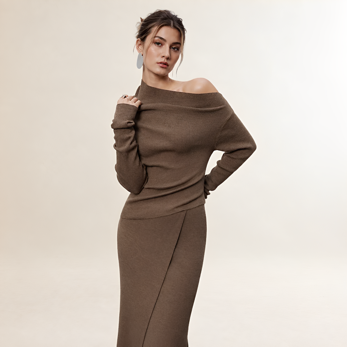 Damen Maxikleid Off-Shoulder Langarm Wickelstil mit Schlitz