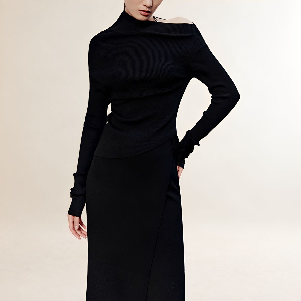Damen Maxikleid Off-Shoulder Langarm Wickelstil mit Schlitz