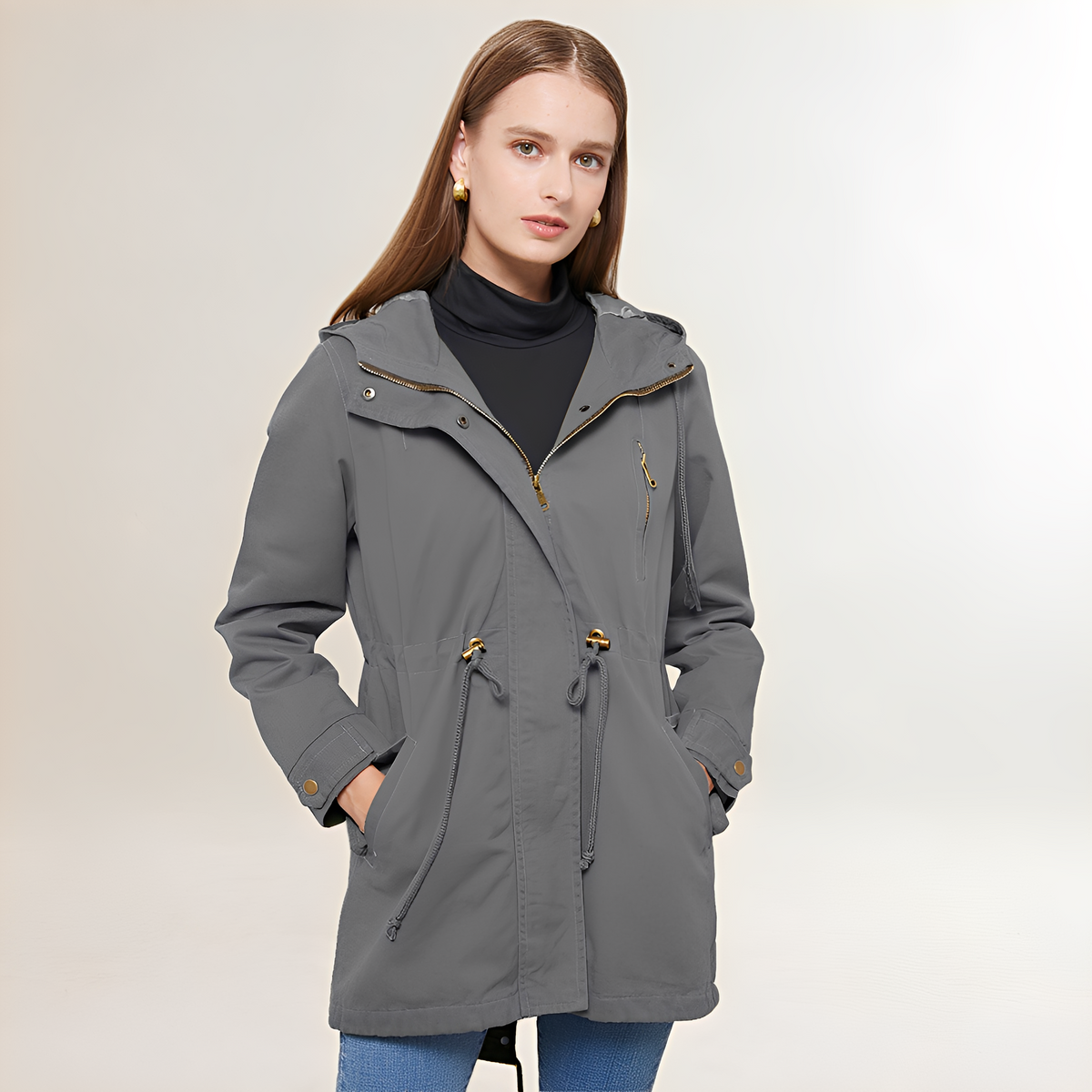 Damen Parka mit Kapuze - Reißverschluss, Kordelzug in Taillie, lange Ärmel