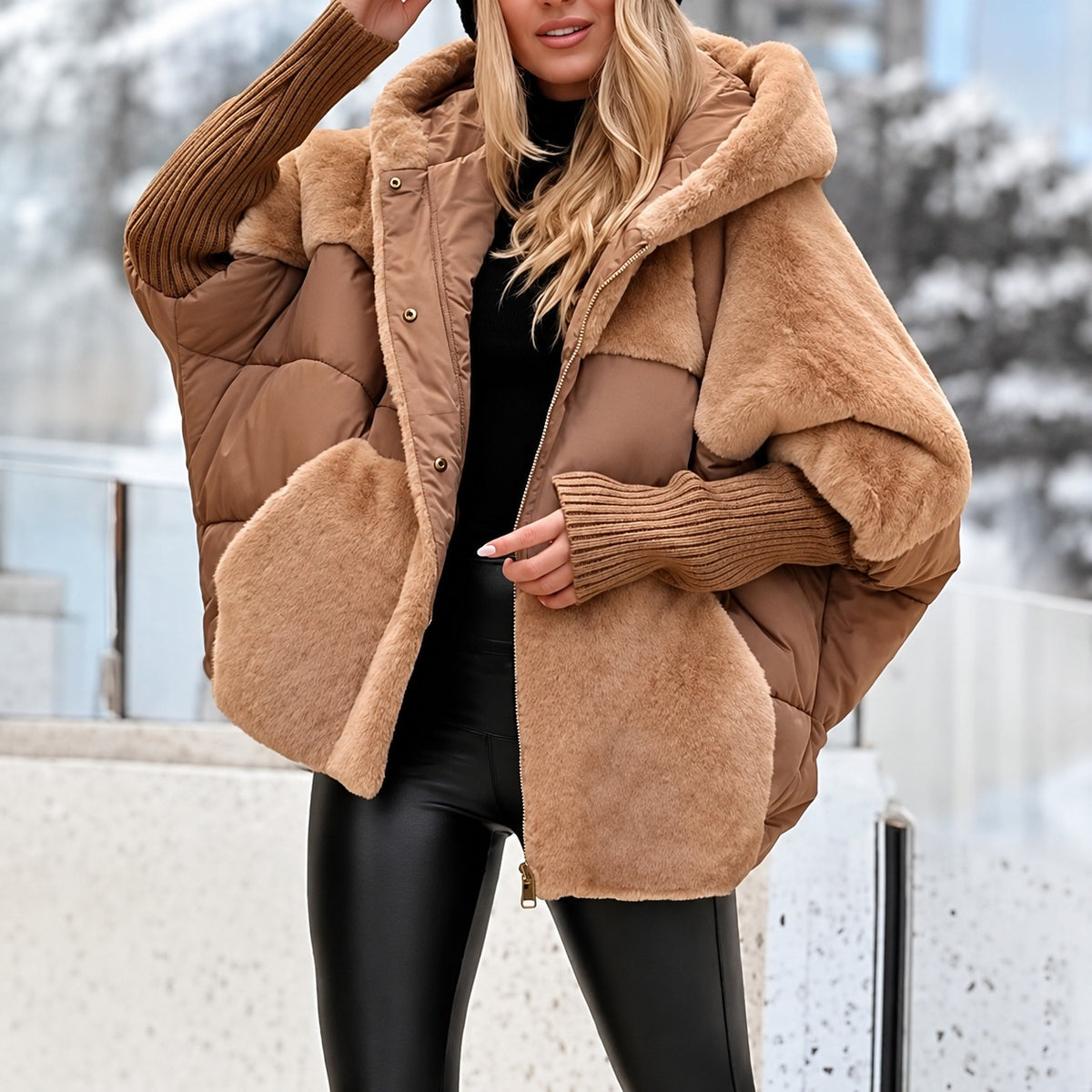 Damen Steppmantel - Kapuzen, Reißverschluss, Oversized, Kurz