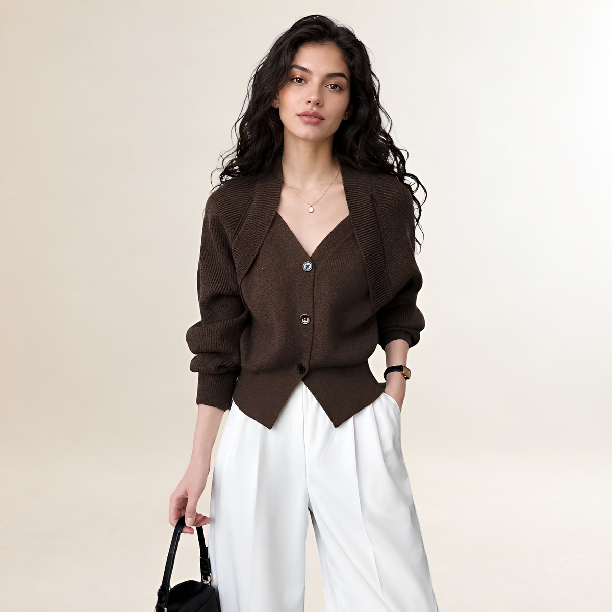 Damentaille Cardigan mit V-Ausschnitt, Knopfleiste und langem Arm