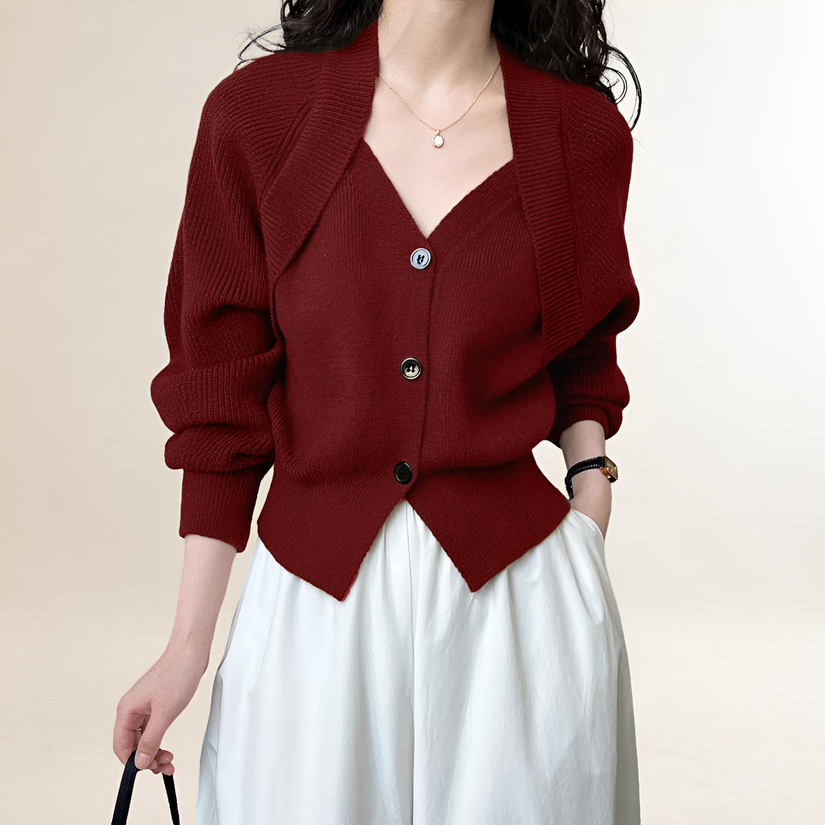 Damentaille Cardigan mit V-Ausschnitt, Knopfleiste und langem Arm