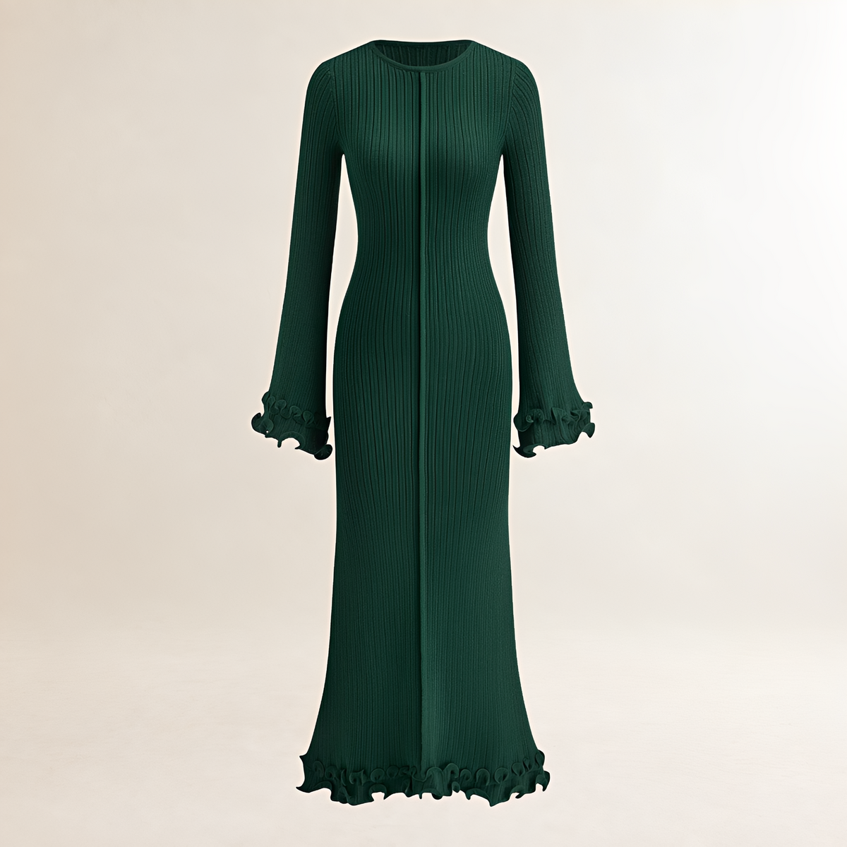 Damentaille Maxikleid mit Rüsche am Saum, langarm und figurbetonter Passform
