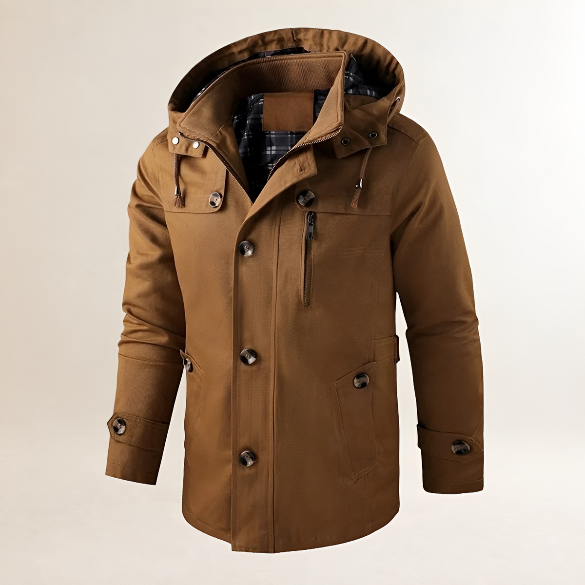 Herrencoat mit Kapuze, Knopfverschluss und mehreren Taschen - Langarm, reguläre Passform