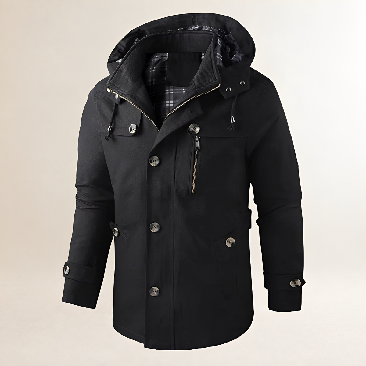 Herrencoat mit Kapuze, Knopfverschluss und mehreren Taschen - Langarm, reguläre Passform
