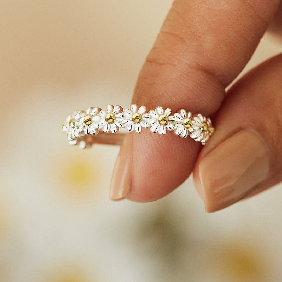 Dahliana – Margaritenring aus verstellbarem Silber und handbemaltem Emaille